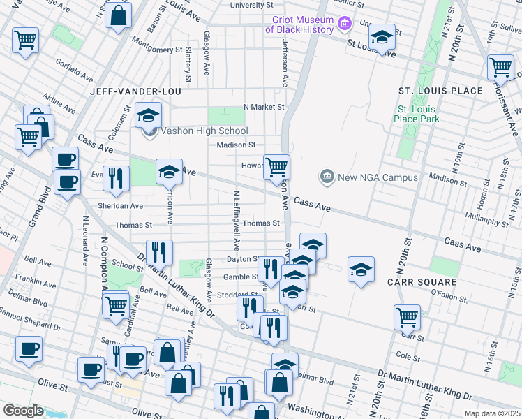 map of restaurants, bars, coffee shops, grocery stores, and more near 2700 Sheridan Avenue in St. Louis