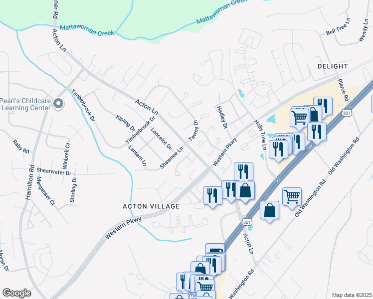 map of restaurants, bars, coffee shops, grocery stores, and more near 2450 Shawnee Lane in Waldorf