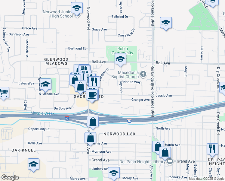 map of restaurants, bars, coffee shops, grocery stores, and more near 501 Jessie Avenue in Sacramento