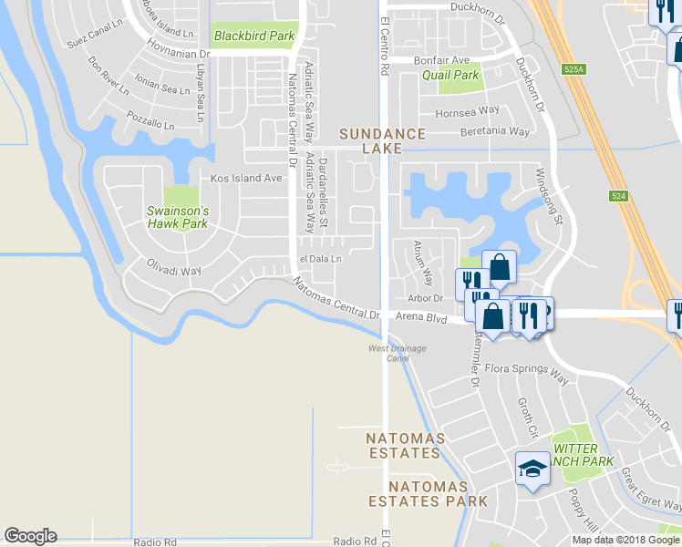 map of restaurants, bars, coffee shops, grocery stores, and more near 4032 Vittoria Lane in Sacramento