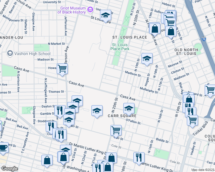 map of restaurants, bars, coffee shops, grocery stores, and more near 2118 Mullanphy Street in St. Louis