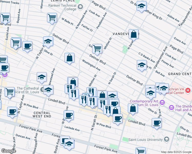 map of restaurants, bars, coffee shops, grocery stores, and more near 4165 Olive Street in St. Louis