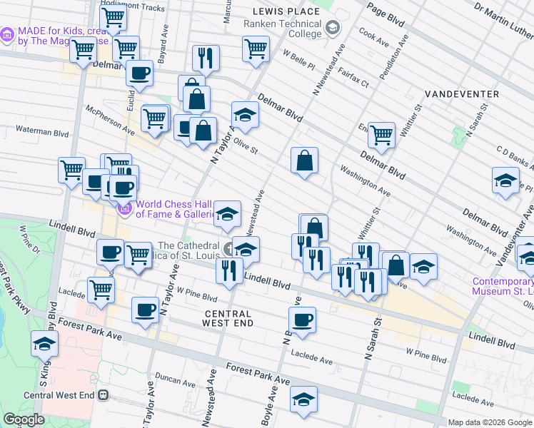 map of restaurants, bars, coffee shops, grocery stores, and more near 4380 McPherson Avenue in St. Louis