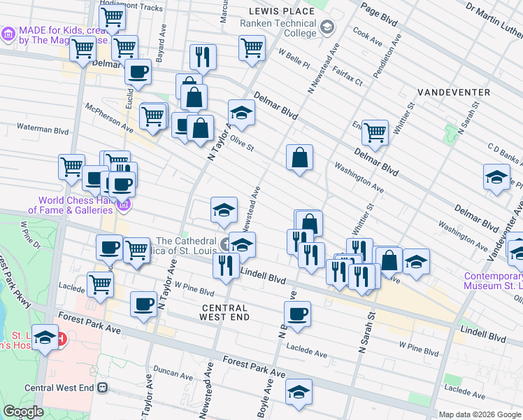 map of restaurants, bars, coffee shops, grocery stores, and more near 4380 McPherson Avenue in St. Louis