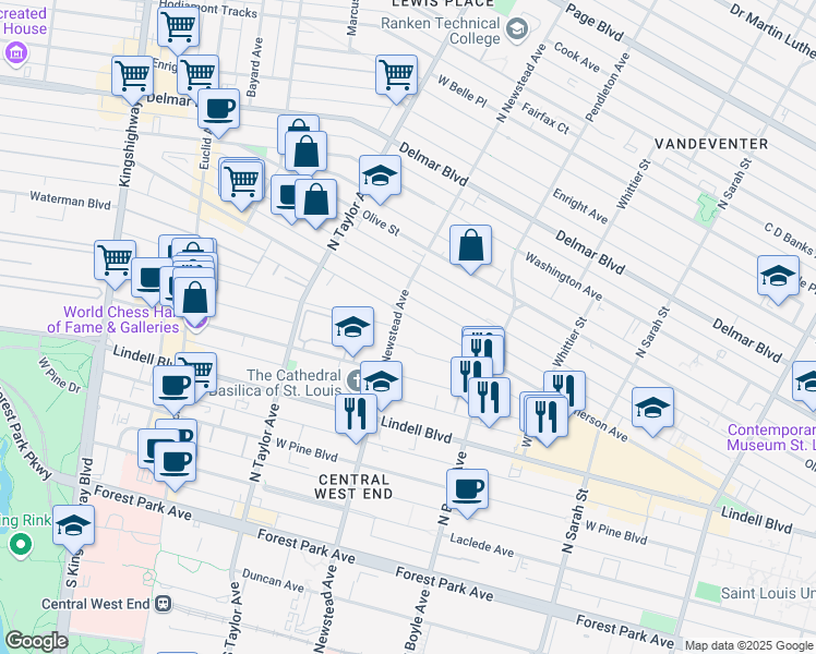 map of restaurants, bars, coffee shops, grocery stores, and more near 4400 McPherson Avenue in St. Louis
