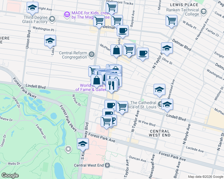 map of restaurants, bars, coffee shops, grocery stores, and more near 221 York Avenue in St. Louis