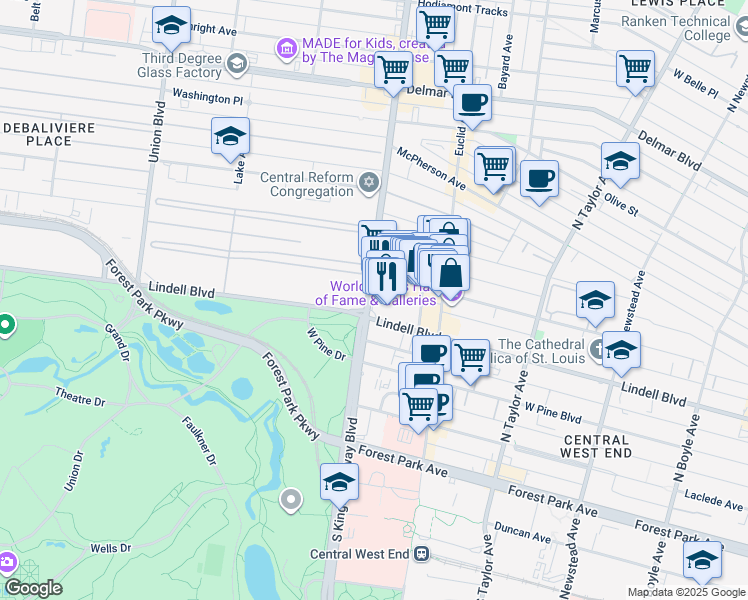 map of restaurants, bars, coffee shops, grocery stores, and more near 232 Kingshighway Boulevard in St. Louis
