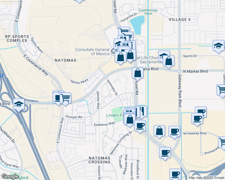 map of restaurants, bars, coffee shops, grocery stores, and more near 4099 Innovator Drive in Sacramento