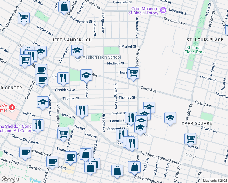 map of restaurants, bars, coffee shops, grocery stores, and more near 1353 North Leffingwell Avenue in St. Louis