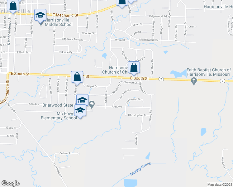 map of restaurants, bars, coffee shops, grocery stores, and more near 1609 Blueberry Drive in Harrisonville