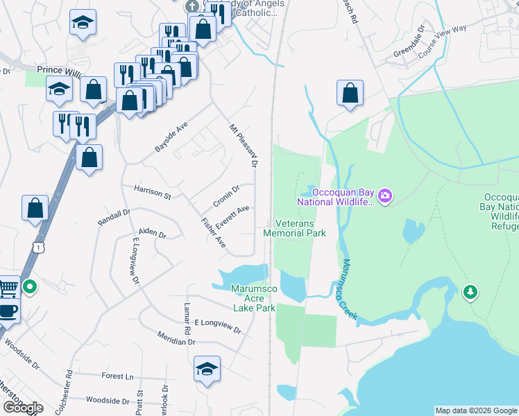 map of restaurants, bars, coffee shops, grocery stores, and more near 14191 Mount Pleasant Drive in Woodbridge