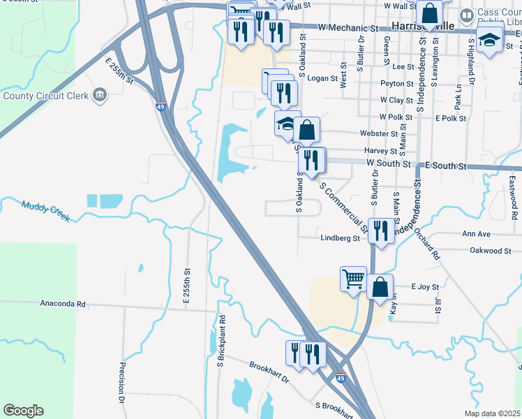 map of restaurants, bars, coffee shops, grocery stores, and more near 1602 Garden Terrace in Harrisonville