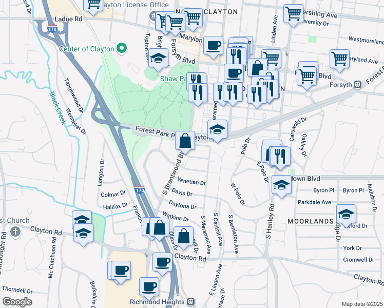 map of restaurants, bars, coffee shops, grocery stores, and more near 8033 Rosiline Drive in Clayton