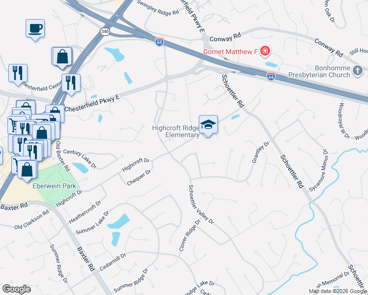 map of restaurants, bars, coffee shops, grocery stores, and more near 15442 Highcroft Drive in Chesterfield