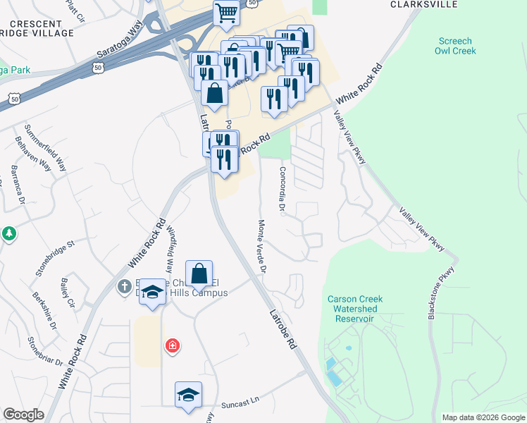 map of restaurants, bars, coffee shops, grocery stores, and more near 4089 Monte Verde Drive in El Dorado Hills