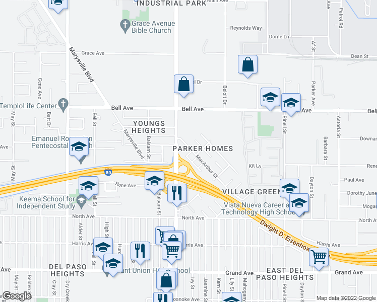 map of restaurants, bars, coffee shops, grocery stores, and more near 803 Bright Court in Sacramento