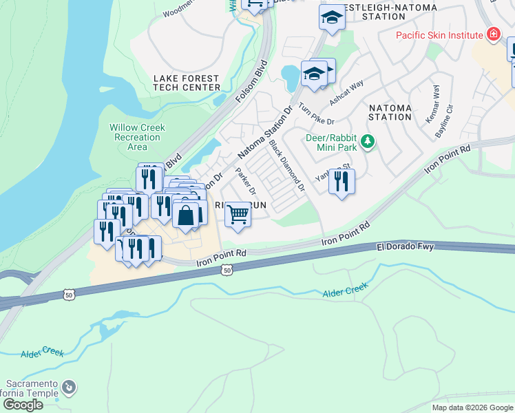map of restaurants, bars, coffee shops, grocery stores, and more near 423 Parker Drive in Folsom