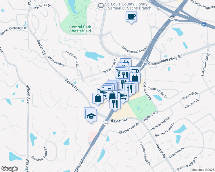 map of restaurants, bars, coffee shops, grocery stores, and more near 1736 Blue Oak Drive in Chesterfield