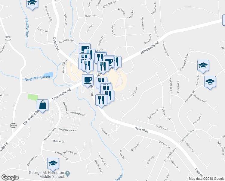 map of restaurants, bars, coffee shops, grocery stores, and more near 4030 Forge Dr in Woodbridge