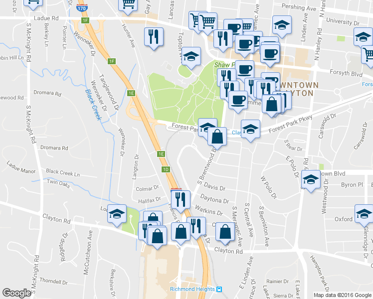 map of restaurants, bars, coffee shops, grocery stores, and more near 500 Corporate Park Drive in Clayton