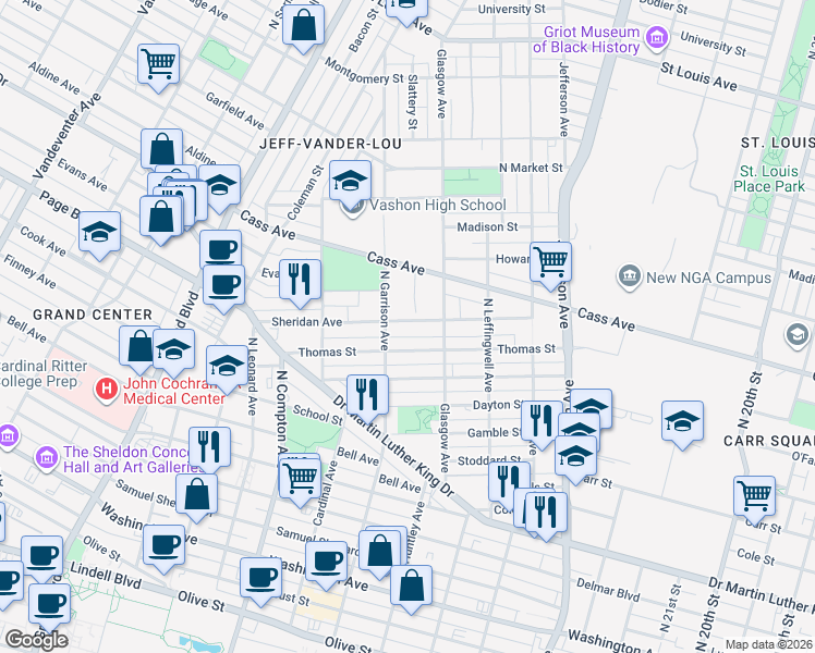 map of restaurants, bars, coffee shops, grocery stores, and more near 2936 Sheridan Avenue in St. Louis