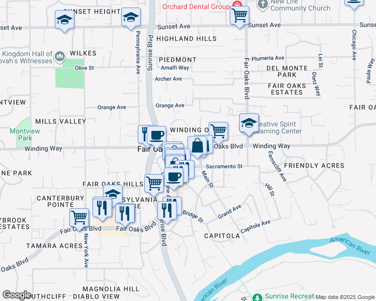 map of restaurants, bars, coffee shops, grocery stores, and more near 4344 Vintage Oaks Lane in Fair Oaks