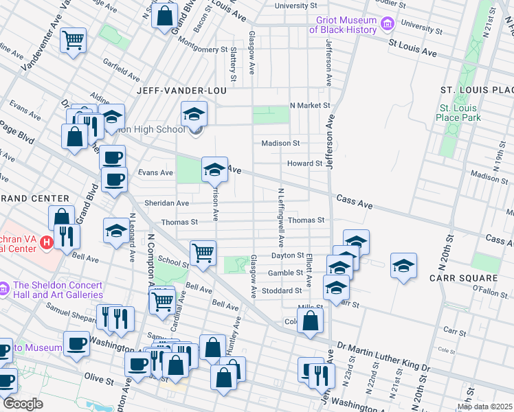 map of restaurants, bars, coffee shops, grocery stores, and more near 1356 Glasgow Avenue in St. Louis