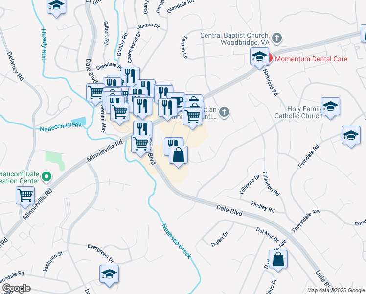 map of restaurants, bars, coffee shops, grocery stores, and more near 4030 Forge Dr in Woodbridge