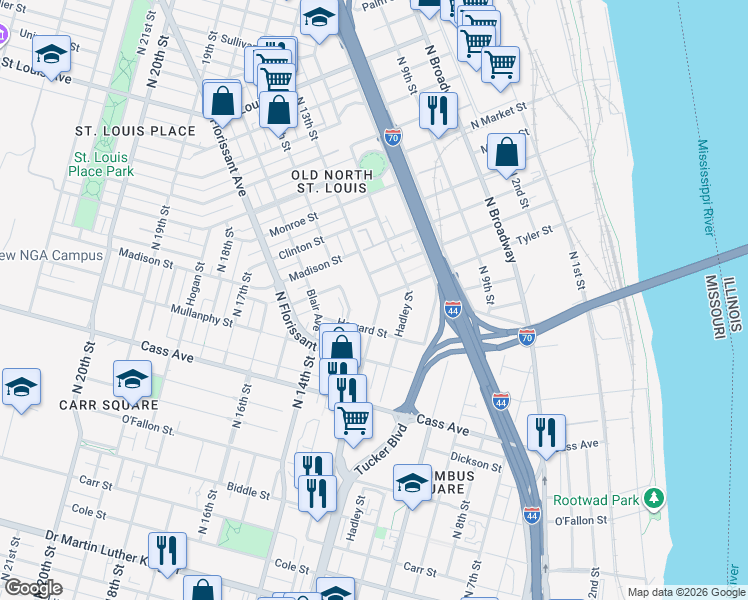 map of restaurants, bars, coffee shops, grocery stores, and more near 1735 North 13th Street in St. Louis