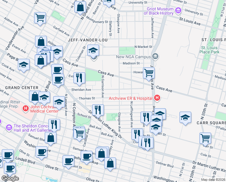 map of restaurants, bars, coffee shops, grocery stores, and more near 2922 Sheridan Avenue in St. Louis