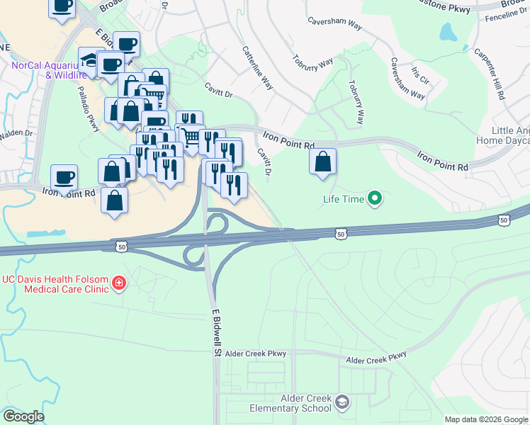 map of restaurants, bars, coffee shops, grocery stores, and more near Placerville Road in Folsom