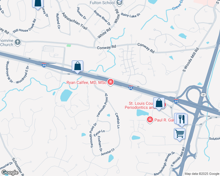 map of restaurants, bars, coffee shops, grocery stores, and more near 14532 South Outer Forty Road in Chesterfield