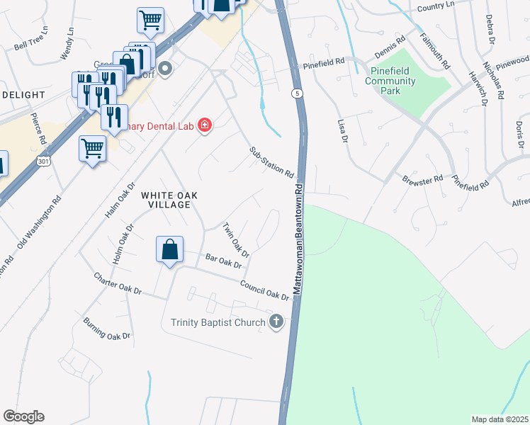 map of restaurants, bars, coffee shops, grocery stores, and more near 1554 Pin Oak Drive in Waldorf
