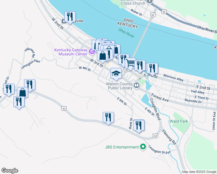 map of restaurants, bars, coffee shops, grocery stores, and more near 501 Limestone Street in Maysville