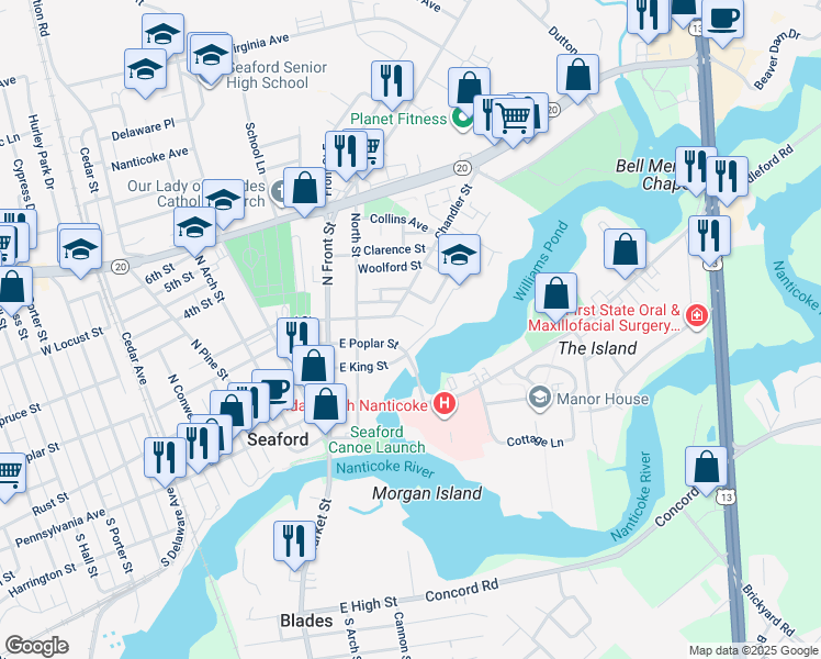 map of restaurants, bars, coffee shops, grocery stores, and more near 807 3rd Street in Seaford