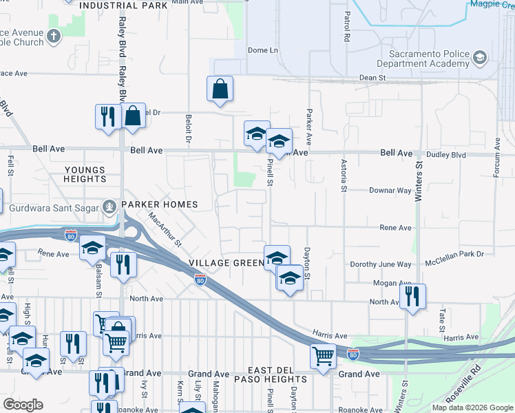 map of restaurants, bars, coffee shops, grocery stores, and more near 174 Village Circle in Sacramento