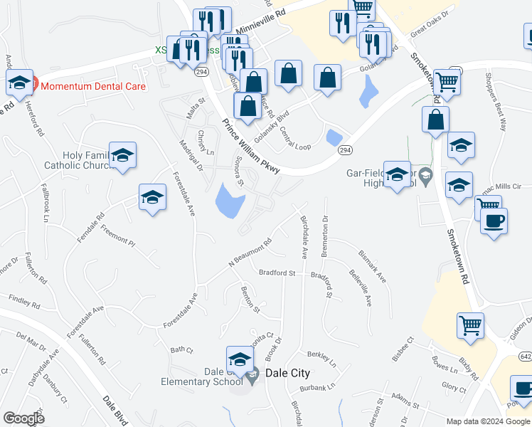 map of restaurants, bars, coffee shops, grocery stores, and more near 14192 Cuddy Loop in Woodbridge