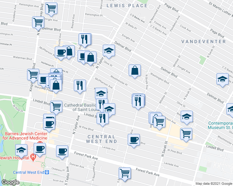 map of restaurants, bars, coffee shops, grocery stores, and more near 4400 Pershing Avenue in St. Louis