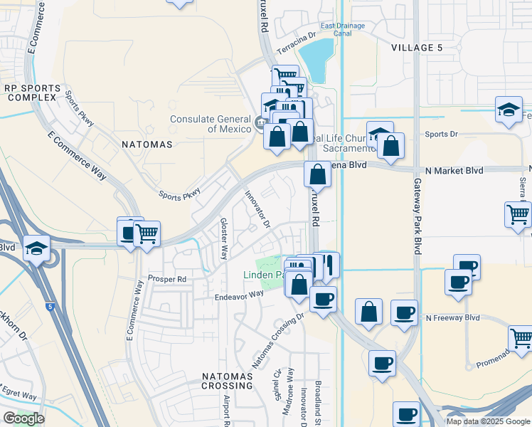 map of restaurants, bars, coffee shops, grocery stores, and more near 4099 Innovator Drive in Sacramento