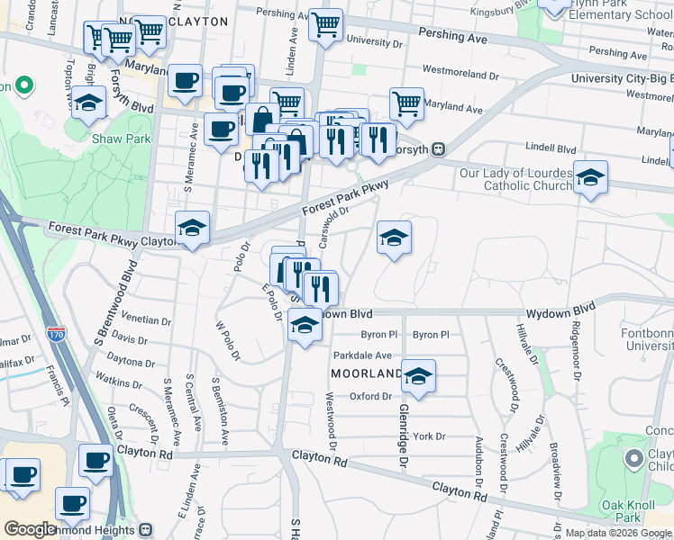map of restaurants, bars, coffee shops, grocery stores, and more near 435 Oakley Drive in Clayton