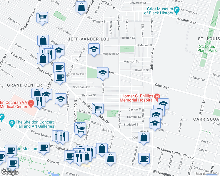 map of restaurants, bars, coffee shops, grocery stores, and more near 2936 Sheridan Avenue in Saint Louis