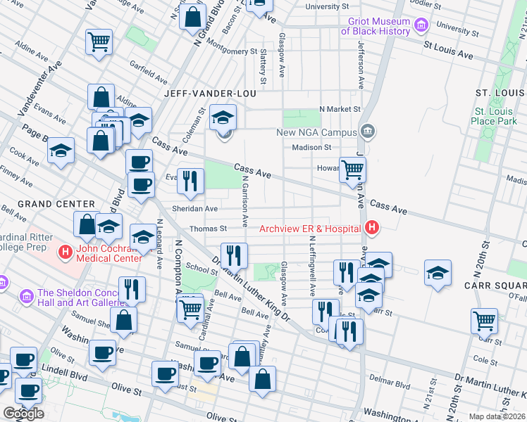 map of restaurants, bars, coffee shops, grocery stores, and more near 2930 Sheridan Avenue in St. Louis