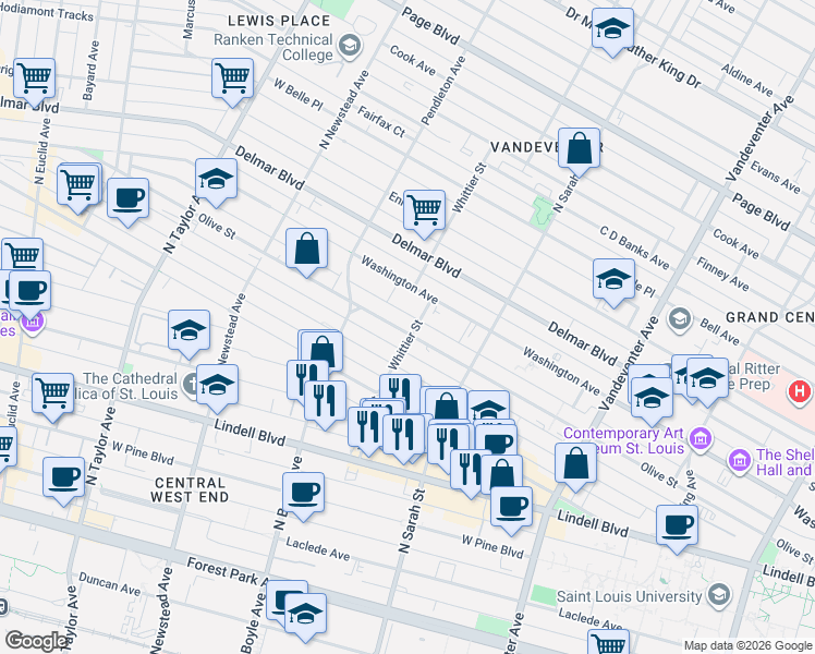 map of restaurants, bars, coffee shops, grocery stores, and more near 4165 Olive Street in St. Louis