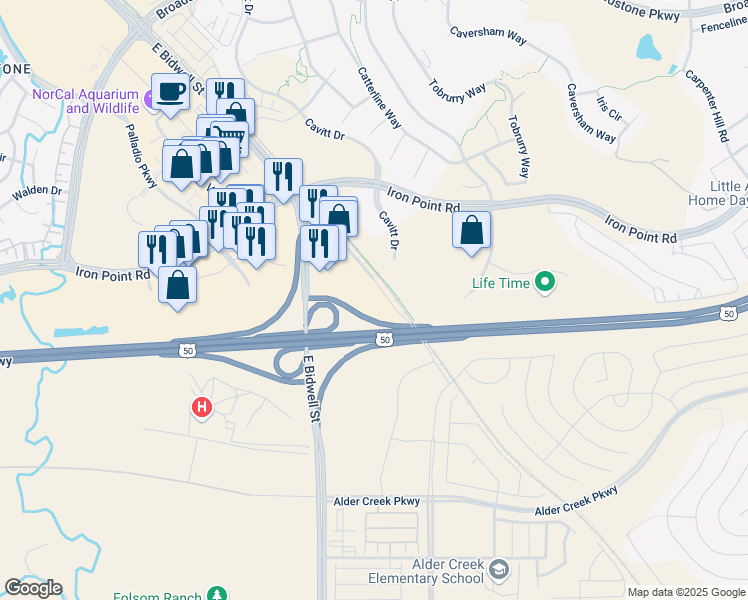 map of restaurants, bars, coffee shops, grocery stores, and more near 155 Placerville Road in Folsom