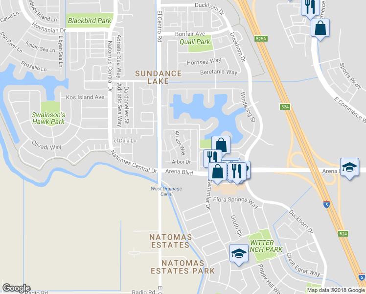 map of restaurants, bars, coffee shops, grocery stores, and more near 4208 Atrium Way in Sacramento