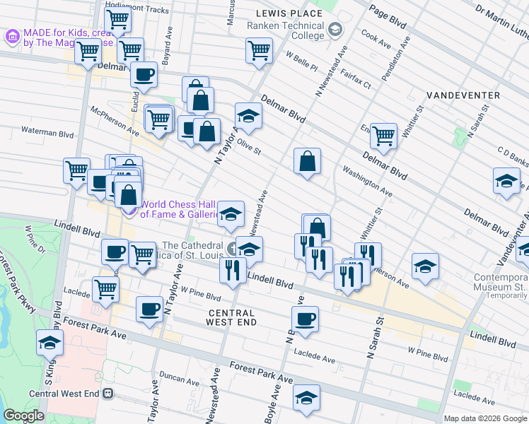 map of restaurants, bars, coffee shops, grocery stores, and more near 4400 McPherson Avenue in St. Louis