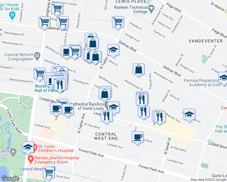 map of restaurants, bars, coffee shops, grocery stores, and more near 4400 Pershing Avenue in St. Louis
