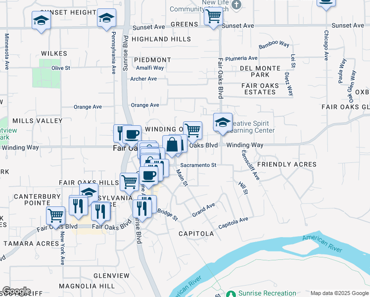 map of restaurants, bars, coffee shops, grocery stores, and more near 10512 Fair Oaks Boulevard in Fair Oaks