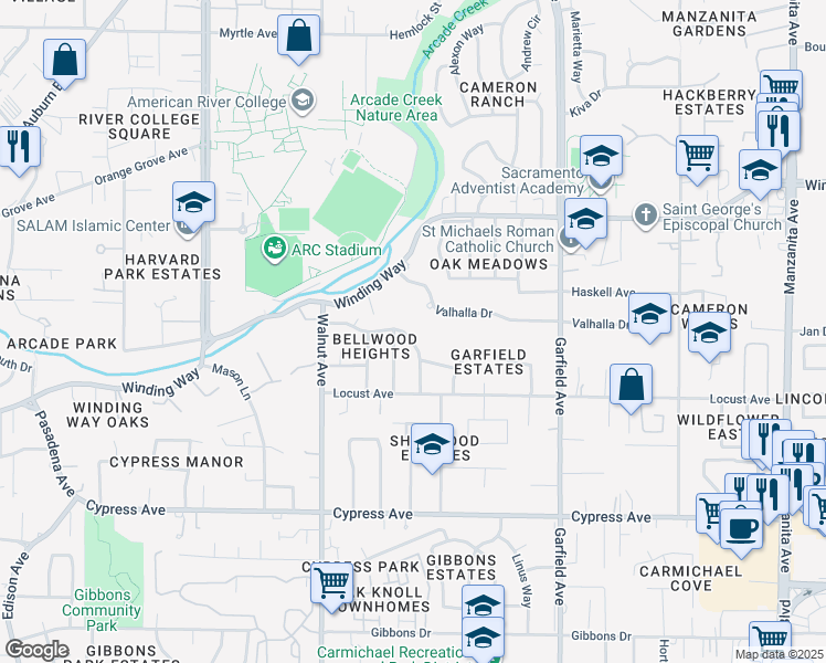 map of restaurants, bars, coffee shops, grocery stores, and more near 5233 Bellwood Way in Carmichael