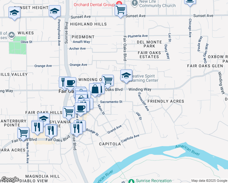 map of restaurants, bars, coffee shops, grocery stores, and more near 4320 Watkins Drive in Fair Oaks